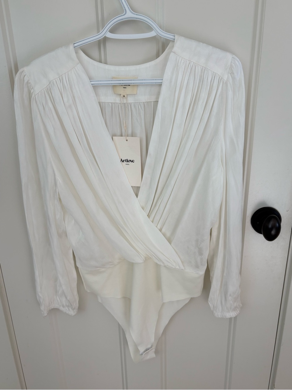 NWT- White Draped V-Neck Long-Sleeve Bodysuit